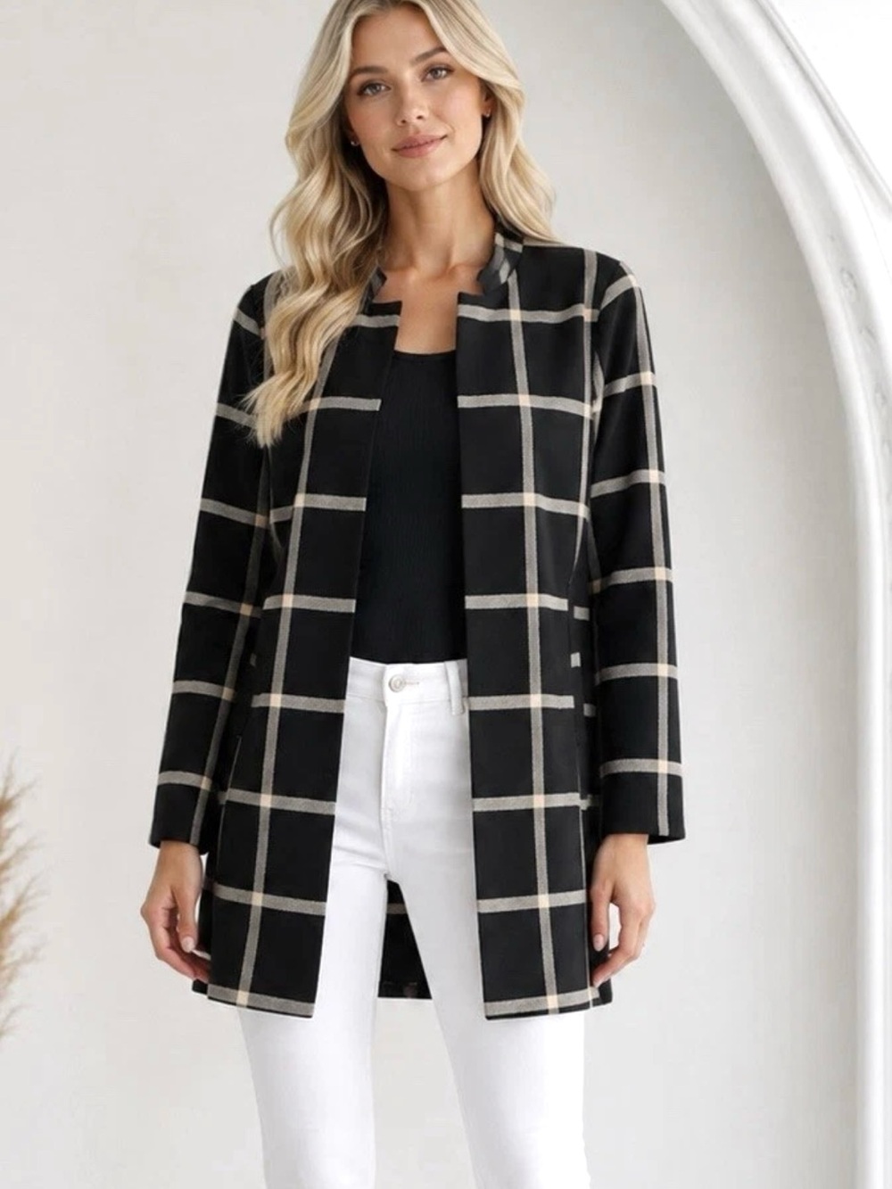 Carolina Belle Montreal Womens Black Plaid Open Front Jacket Size Small